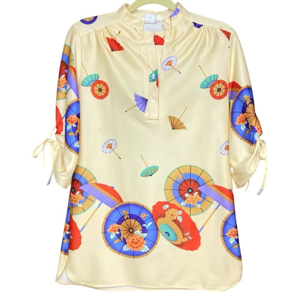 Vintage 70s Smartique novelty Japanese umbrella prints blouse size 14